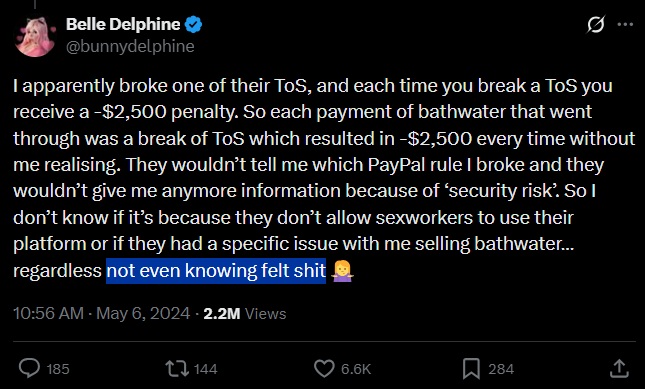 Belle Delphine tweet about PayPal penalties