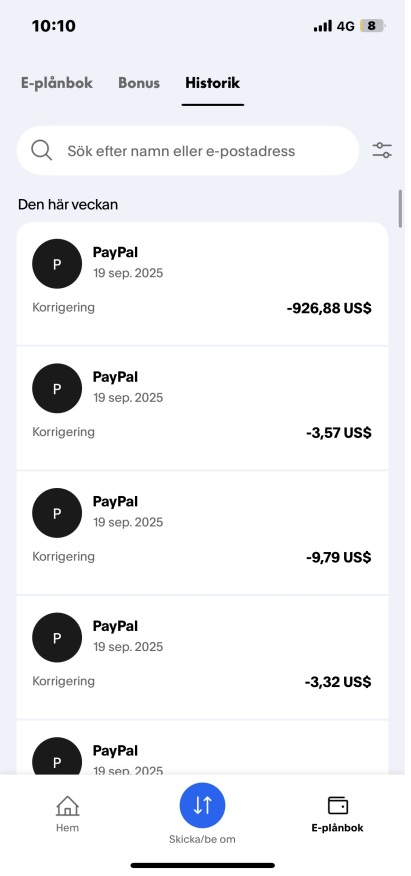 Swedish PayPal user screenshot: multiple Korrigering (correction) deductions applied September 2025, including USD 926.88, despite PayPal removing the AUP penalty clause in June 2023