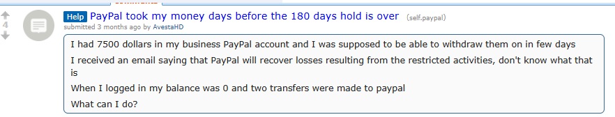Reddit post March 2026, r/paypal: user reports balance wiped to zero via loss recovery transfer days before 180-day hold was due to expire